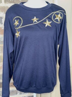 Vintage Navy Long Sleeve Top Gold Star Rope Embroidery Patriotic Chic Sz XL